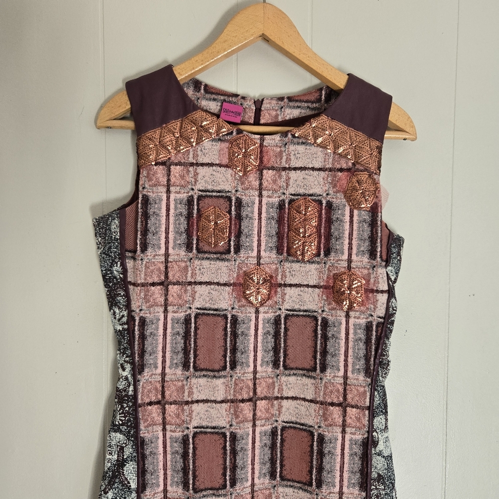 Save The Queen Sheath Dress Leather Inserts Rose Gold Sequins Geometric Maroon M - Picture 2 of 14